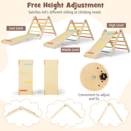 HONEY JOY 7 in 1 Climbing Toys for Toddlers, Convertible Kids Step Stool/Table & Chair/Chalkboard, Folding Triangle Climber w/Ramp, Montessori Kitchen Stool Tower for Learning w/Safety Rail (Colorful)