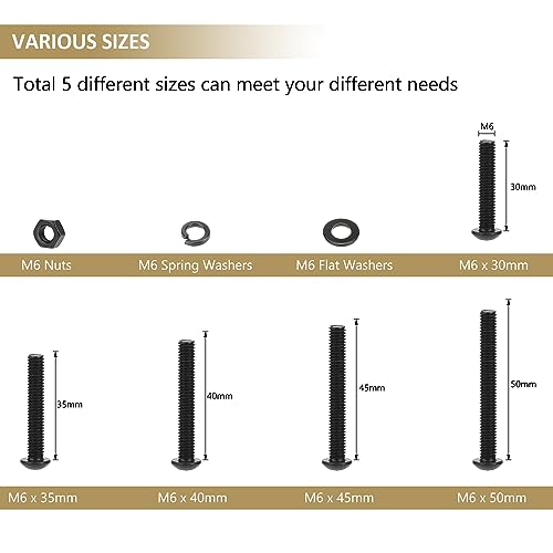 87 Pieces Black M6 x 30/35 /40/45 /50 mm Button Head Socket Cap Screws Nuts Washers Assortment Kit, 10.9 Grade Alloy Steel - size: M6 x 30/35/40/45/50mm, style: Button Head
