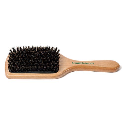 GranNaturals Boar Bristle Smoothing Hair Brush for Women and Men - Medium/Soft Bristles - Natural Wooden Large Flat Square Paddle Hairbrush for Fine, Thin, Straight, Long, or Short Hair
