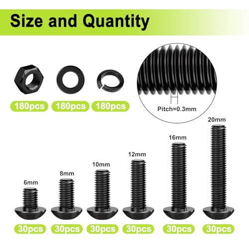 mxuteuk 720PCS M3 Screws Assortment Kit,6/8/10/12/16/20mm M3 Metric Screw,10.9 Grade Alloy Steel Metric Hex Button Head Cap Screws Nuts and Flat Washers for 3D Printing - size: 720PCS M3, style: Hex Socket Button Head