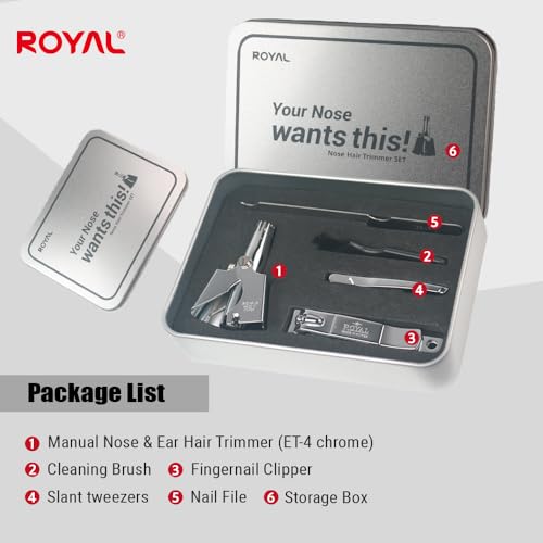 ROYAL [Made in Korea] Nose Hair Trimmer for Men Set, Birdie Set, with Nail Clippers and Tweezers, Manual, Battery-Free, Waterproof, Painless with Twelve Dual-Edged Blades, Patented Mechanism RET-4 - color: Silver Set