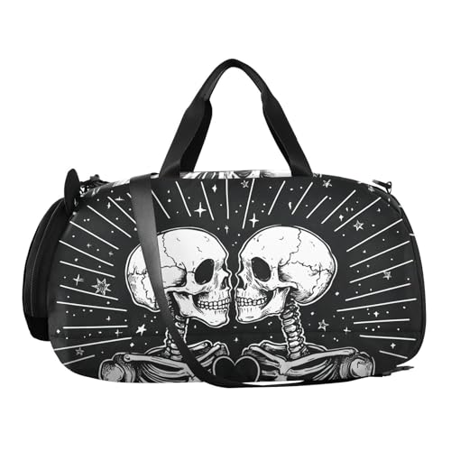 Kids Sports Duffel Bag for Boys & Girls - Two Skeletons Skull Heart 100% Polyester Gym Bag with Separate Shoe Compartment, Adjustable Shoulder Strap, Compact Travel & Workout Gear Bag - color: Two Skeletons Skull Heart