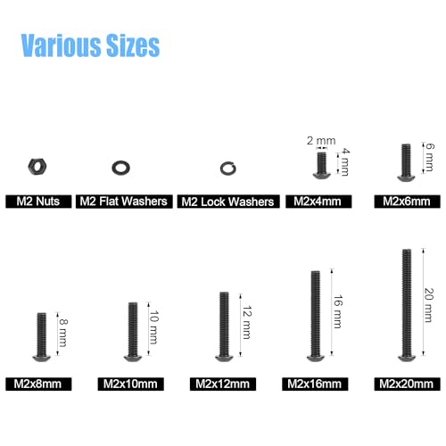 DYWISHKEY 566 Pieces M2 Black Screws, 10.9 Grade Alloy Steel M2x 4/6 /8/10 /12/16 /20mm Button Head Socket Cap Screws Bolts Nuts Washers Assortment Kit - size: M2, style: Button Head Socket Cap