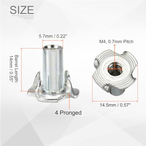 HARFINGTON M4x14mm T-Nuts 4 Pronged Tee Nut 0.57" x 0.55" Fully Thread Carbon Steel Inserts for Wood, Rock Climbing Holds, Cabinetry, Furniture 100pcs - size: M4x14mm, 14.5mm