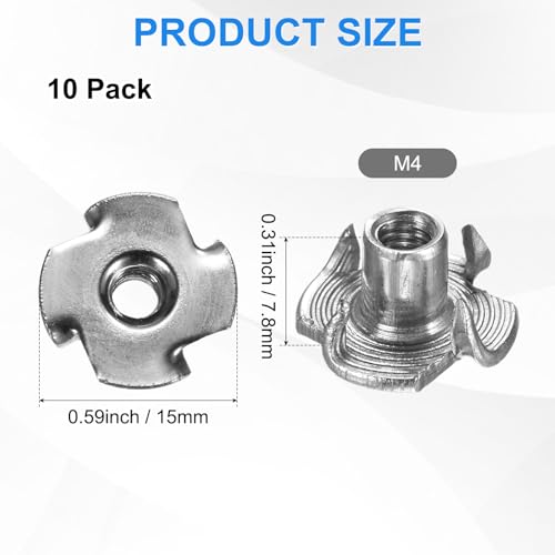 M METERXITY 10-Pack M4x7.8mm T-nut, 4-Pronged Tee Nut Threaded Insert | Stainless Steel, for Wood, Rock Climbing Holds, Furniture, Corrosion Resistant Fasteners - size: M4x7.8mm