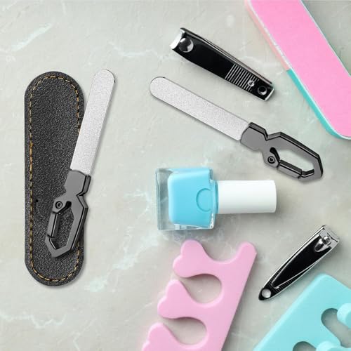 Metal Nail File with Keychain Handle, Stainless Steel Double-Sided Grit Fingernail File with Leather Case, Portable Nail Filer for Home, Travel & Gift Use - size: 2 Pack 3.6 in Gunmetal Keychain