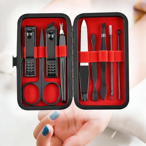 Premium Stainless Steel Manicure Set – 9-in-1 Grooming Kit with Elegant Leather Storage Case-RED