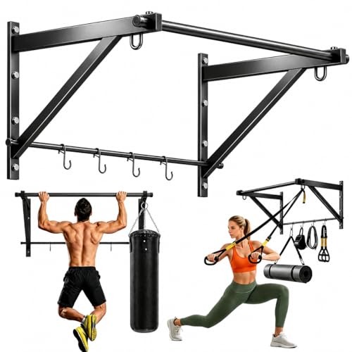 Adjustable Depth Pull Up Bar, Wall & Doorway Mounted Chin Up Bar with Hooks, Thickened Steel Construction, 500LBS Heavy Duty Capacity, Home Garage Upper Body Strength Training Equipment - color: Jet Black