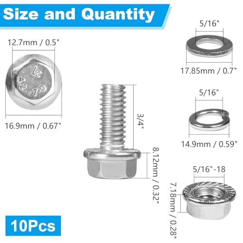 10 Sets 5/16-18 x 3/4" Flanged Hex Head Bolts Kits, 5/16-18 Flange Hexagon Screws and Nuts,Flat & Spring Lock Washers, 304 Stainless Steel 18-8,Fully Threaded - size: 5/16-18 x 3/4"