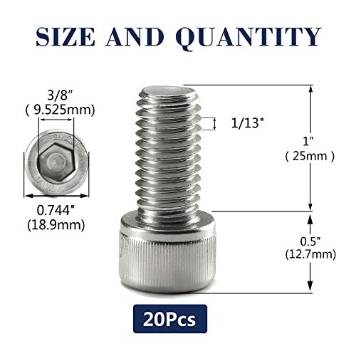 1/2-13 x 1 Socket Head Cap Screws Bolts, 20Pcs 304 Stainless Steel 18-8, Allen Socket Hex Drive, Full Thread, Bright Finish by SG TZH(with Hex Spanner) - size: 1/2-13 x 1"