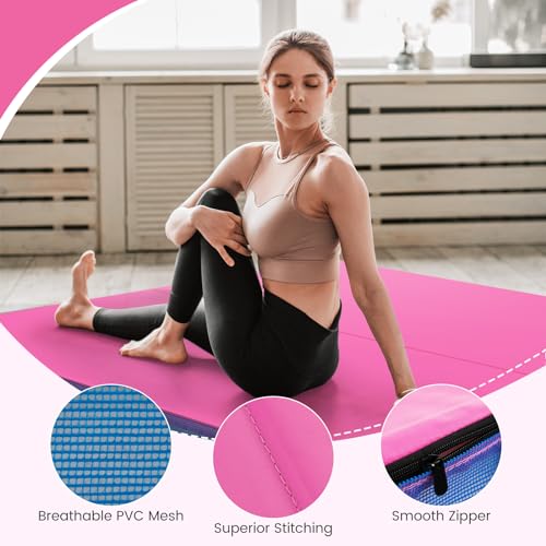 Goplus 4" Thick Folding Gymnastic Mat, Thickened Bi-Fold Fitness Mat with Carrying Handles & PU Leather Cover, Home Gym Tumbling Mat for Stretching, Pilates, Aerobics Workouts - color: Rose&Blue