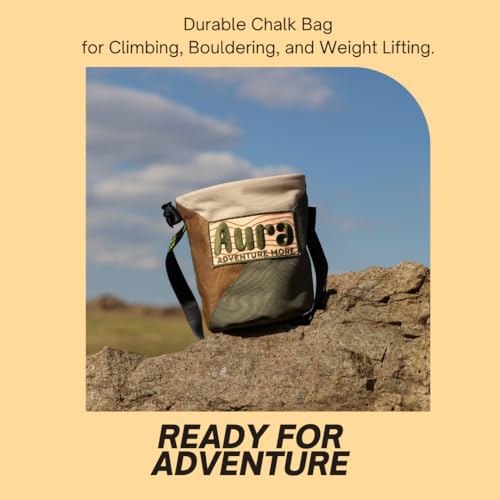 Aura Rock Climbing Chalk Bag – Bouldering Chalk Bag with Fleece Liner, Drawstring Closure & Brush Holder – Adjustable Belt Included – Gym, Weightlifting, Crossfit & Gymnastics