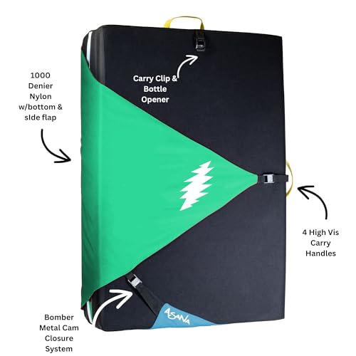 Asana Superhero Bouldering Crash Pad - Deluxe Suspension, Triple Layer Dual Density Foam Structure, Heavy Duty Nylon - Premium Rock Climbing Crash Mat with Huge Landing Zone (57x40x4)