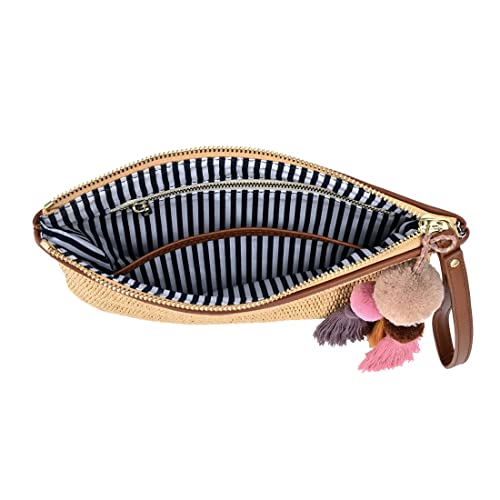 Luxury Straw Wristlet Pouch Beach Clutch Bag Small Summer Vacation Purse w. Colorful Pom Poms Tassels for Women - color: Brown