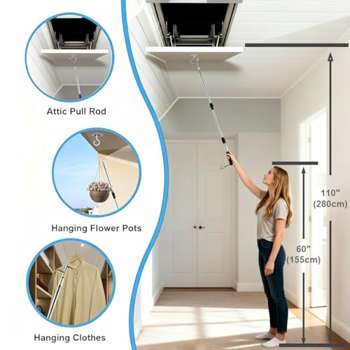 Telescopic Attic Pull Down Hook, 17" to 35" Adjustable Stainless Steel Pull Stick and Stainless Steel Pull Ring, Replacing Old-Fashioned Hanging Ropes on attic Stairs.