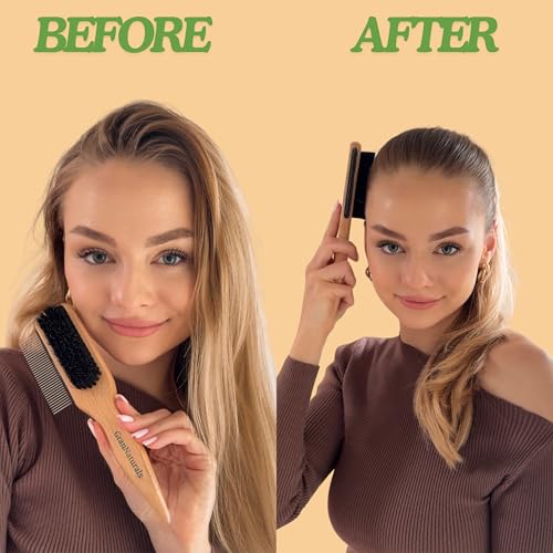 GranNaturals Boar Bristle Slick Back Hair Brush w/ Comb for Smoothing Sleek Ponytail Bun - Wide Rat Tail & Metal Comb Hairbrush for Parting, Teasing, Backcombing, Sectioning, Edge Control, Flyaways