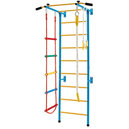 HONEY JOY Climbing Toys for Toddlers, Upgrade Metal Indoor Kids Gym for Solid Wall, Playground and Climbing Exercise Set with Rope Ladder, Pull-up Bar, Monkey Bars, Gymnastic Rings (5 in 1) - size: 5 In 1