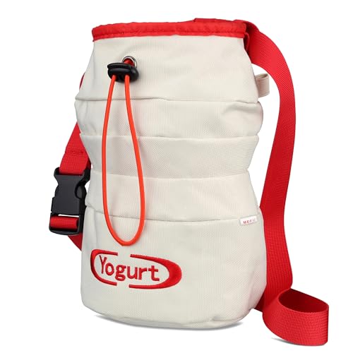 Chalk Bag for Rock Climbing, Bouldering, and Weightlifting - Asian-Inspired Design - Premium Chalk Bucket with Quick-Clip Belt, Zipper Pocket, Brush Holder - color: Yogurt