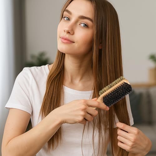 Boar Bristle Hair Brush for Men and Women, Double Side Slick Back Hair Brush with Medium & Firm Bristle, Sturdy Boar Bristle Brush for Waves, Fades, Slick Back Style (Yellow) - color: Yellow