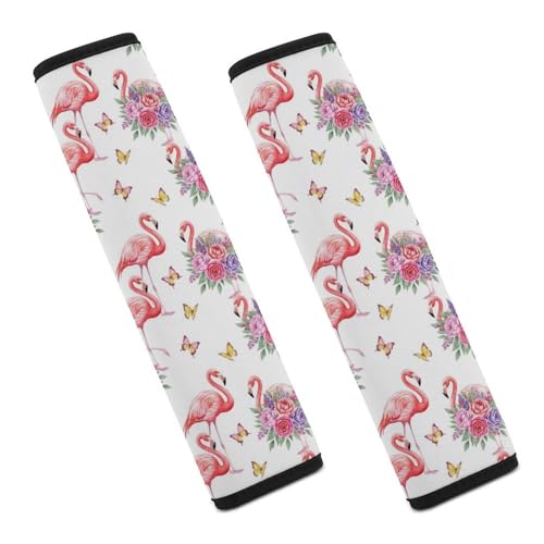 1 Pair Soft Padded Seat Belt Cover for Child, Most Cars, Flamingo Floral Tropical Pink Bird Hibiscus Leaves White Shoulder Harness Cover, Neck and Shoulder Support - color: Pattern 965