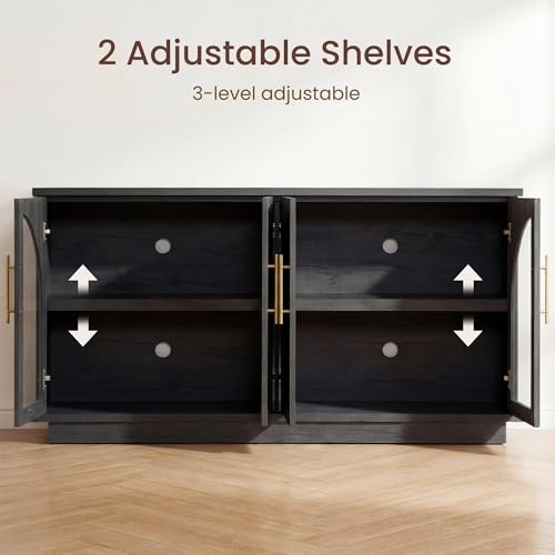 Fatmok 59" Buffet Cabinet with Glass Doors, Modern Arched Sideboard with Large Storage and Adjustable Shelves, Accent Console Credenza for Dining Room, Living Room, Entryway, Black Grey - color: B-black Grey