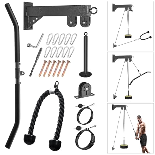 Wall Mounted Pulley System, Low Cable Machine Pulley System for LAT Pulldown, Biceps Curl Home Gym Equipment with Fitness Pull Down Bar, Tricep Rope - style: Wall Mounted Pulley System