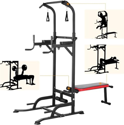 Arlopu Multi-Function Power Tower with Folding Bench 4 Training Ropes | Pull Up Bar Stand with Adjustable Heights and Angles, Heavy-duty Frame, 400LBS Capacity, Home Gym Full-body Strength Training