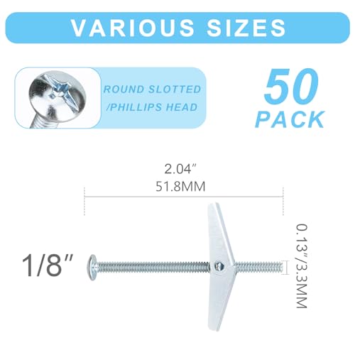 50 Pcs 1/8 Inch Heavy Duty Metal Drywall Anchors Kit | Toggle Bolts and Wing Nuts Set for Hanging Lamps Heavy Items, Butterfly Anchors for Ceiling, Sheetrock, Hollow Wall - size: 1/8"-100pcs(50sets)