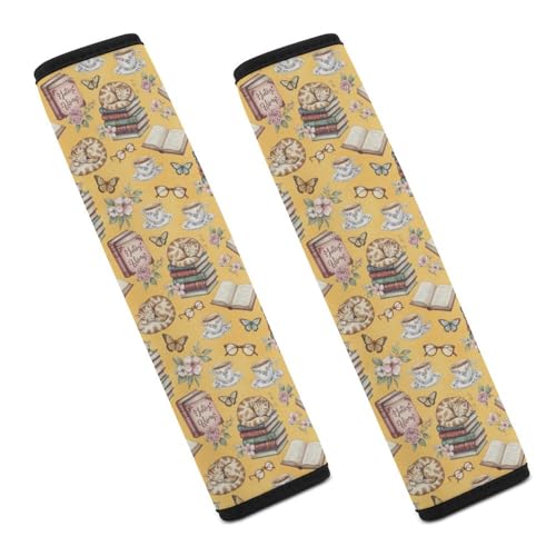2PCS Book Cat Pink Flower Spring Art Seat Belt Cover Soft Padded Neck Strap Covers for Kids, All Vehicles, Comfortable Driving - color: Pattern 164