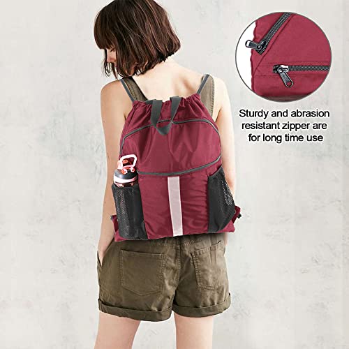 BeeGreen Drawstring Backpack Bag with Shoe Compartment, X-Large Black Gym Sports String Cinch Backpack - color: Wine Red