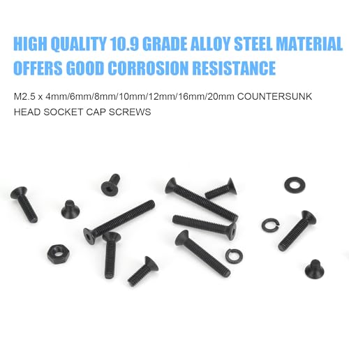 DYWISHKEY 566 Pieces M2.5 Black Screws, 10.9 Grade Alloy Steel M2.5X 4/6 /8/10 /12/16 /20mm Countersunk Head Socket Cap Screws Bolts Nuts Washers Assortment Kit - size: M2.5, style: Countersunk Head Socket Cap