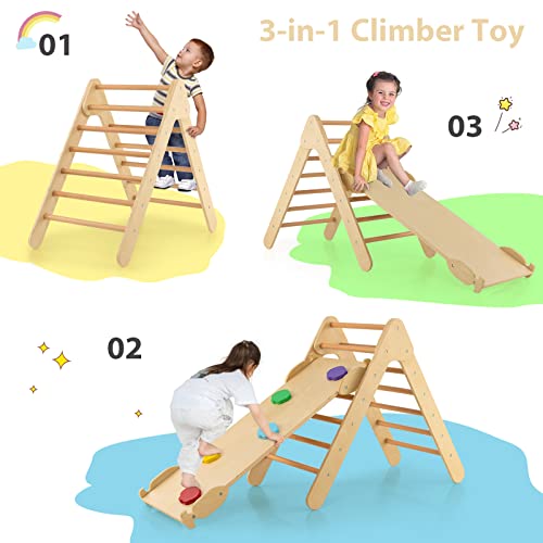 OLAKIDS Pikler Triangle Set 3 in 1 Climbing Toys for Toddlers Wood Montessori Baby Jungle Gym with Ramp Ladder Slide Kids Indoor Playground Activity Play Structure - color: Wooden