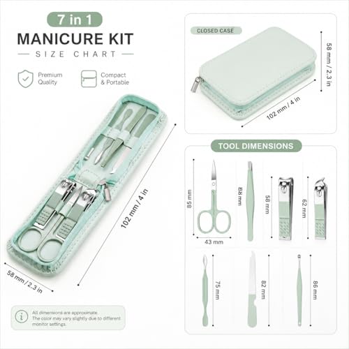 7Pcs Light Green Nail Care Kit, Professional Stainless Steel Manicure Pedicure Set, Travel Grooming Essentials in Zipper Pack for Purse or Suitcase