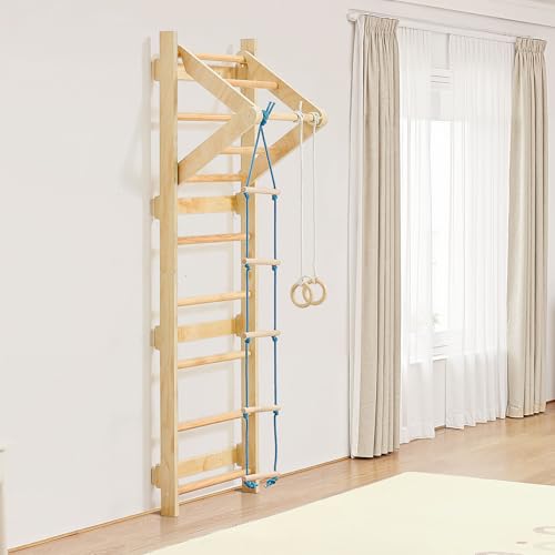 VEVOR Swedish Ladder Wall Gym, 4-in-1 8-Level Indoor Jungle Gym, 220LBS Loading Solid Wood Gymnastic Stall Bars, Indoor Playground Climbing Playset with Rings, Pull-Up Bar, Rope Ladder - style: 8-Level 4 in 1