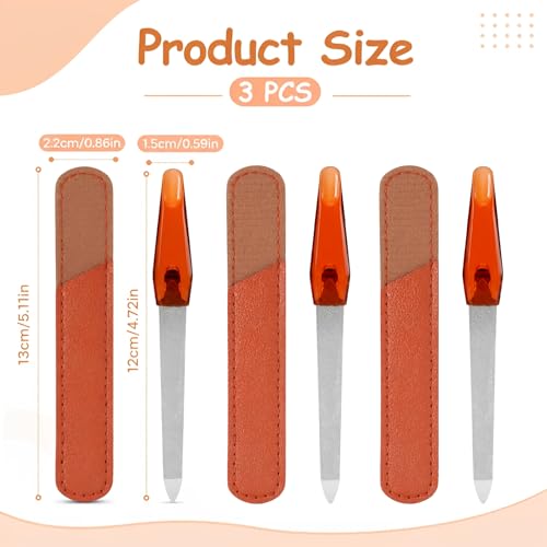 3 Pack Nail File Metal Sharp Pointed Tip with Leather Sheath Case 5 Inch | Double Sided Grit Nails for Natural Non Slip Handle Fingernail Files Stainless Steel Manicure for Women