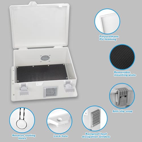 Electrical Junction Box, Outdoor Water Resistant Nema Enclosure, Ventilated ABS Plastic WiFi Project Box with Internal Mounting Panel & Hinged Cover 9.2" Lx 7" Wx 4.6" H - size: 9.2"L x 7"W x 4.6"H