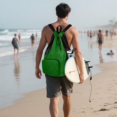 Drawstring Climbing Gym Bag With Water Bottle Pocket Drawstring Beach Backpack with Wet Dry Compartments Dark Green Solid Color Pure Plain