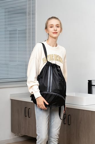 Valleycomfy Sports Drawstring Backpack - Water Resistant String Bag Grey | with Side Mesh Pockets Shoe Compartment Gym Backpack for Women & Men - color: A-grey