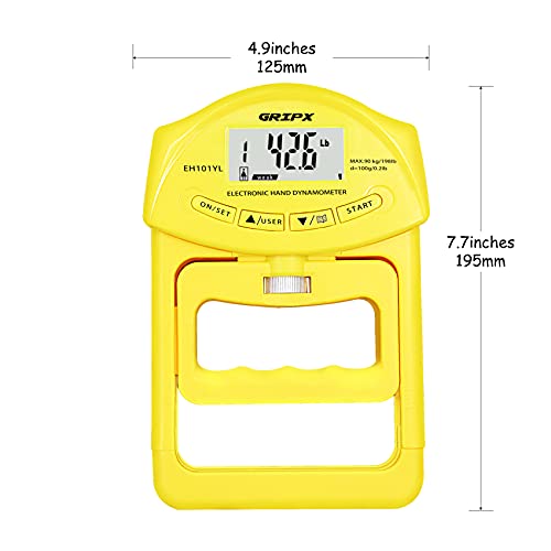 Digital Hand Dynamometer Grip Strength Measurement Meter Auto Capturing Electronic Hand Grip Power 198Lbs / 90Kgs - color: Yellow