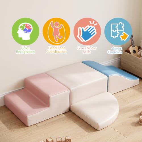 TODIBY 4-Pieces Climbing Toys for Toddlers: PU Leather - Soft Play Climbing for Toddlers - Foam Climbing Blocks for Crawling and Sliding Indoor Playground for Kids（Blue Pink） - style: Blue Pink