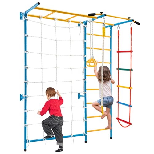 HONEY JOY Climbing Toys for Toddlers, Upgrade Metal Indoor Kids Gym for Solid Wall, Playground and Climbing Exercise Set with Rope Ladder, Pull-up Bar, Monkey Bars, Gymnastic Rings (7 in 1) - size: 7 In 1