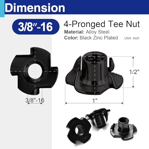 48PCS 3/8"-16 T Nuts for Wood, Carbon Steel 4-Prong Tee Nuts | Threaded inserts for wood panels, furniture and climbing wall holds - color: 48 Pack 3/8"-16