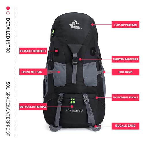 Bseash 50L Hiking Backpack, Water Resistant Lightweight Outdoor Sport Daypack Travel Bag for Camping Climbing Skiing Cycling (Black - No Shoe Compartment) - color: Black - No Shoe Compartment