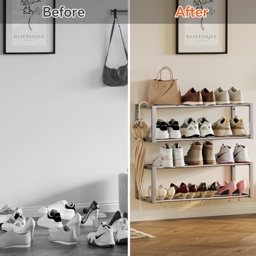 Homeiju Hanging Shoe Organizer,2 Pack Wall Mounted Shoe Rack Holds 12 Pairs,Space Saving Metal Wall Shoe Rack,Hanging Shoe Rack Shoe Holder for Small Space,Entryway,Closet,RV,Camper (Silver) - color: Silver