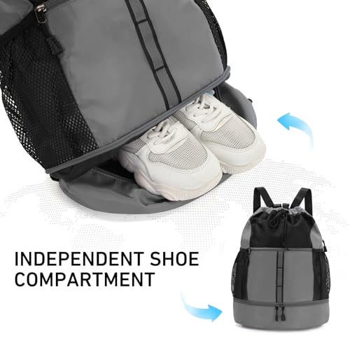 Valleycomfy Drawstring Gym Bag Sports Backpack With Shoe Compartment Grey | Reflective Strips Top Handle - color: Grey08