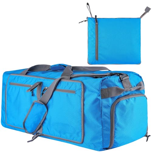 60L Duffle Bag with Shoes Compartment - Foldable&Large Capacity Travel Duffel Bags, Lightweight & Water-Resistant Gym Bag - Light Blue - color: 60L-Light Blue