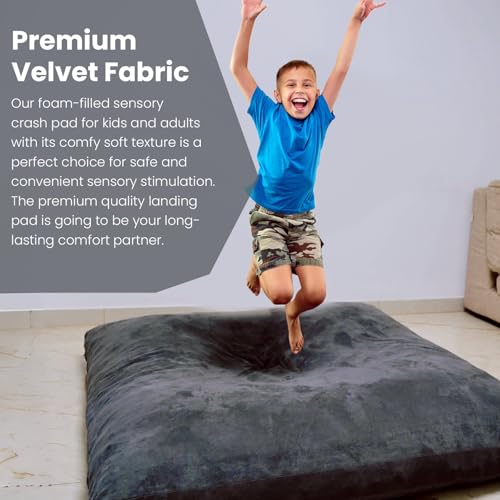 SENSORY4U Crash Pad for Kids Sensory Crash Pad with Foam Blocks - XL (5 Foot X 5 Foot) Grey - for Sensory Gym Room with Washable Cover