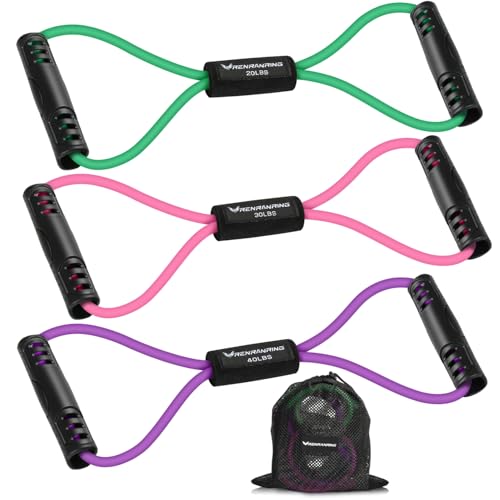 RENRANRING Figure 8 Fitness Resistance Bands with Handles - Exercise Tube Band Set of 3 for Arm and Shoulder Stretch, Rope 8 Word Elastic for Women and Men - color: Green, Pink, Purple