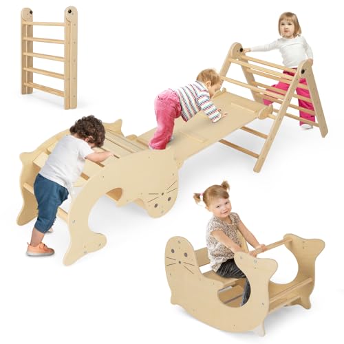 HONEY JOY 7 in 1 Climbing Toys for Toddlers, Wood Triangle Climber w/Ramp for Sliding or Climbing, Rocker, Foldable Montessori Triangle Climbing Arch Set for Daycare, Gym & Playground, Natural - style: 7 In 1 Natural