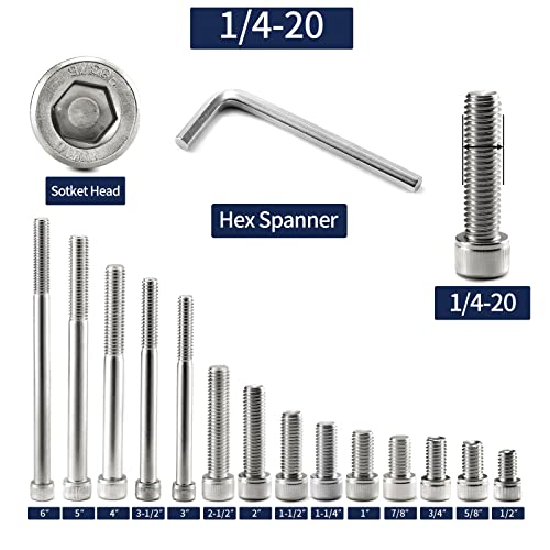 1/4-20 x 2 Socket Head Cap Screws Bolts, 20Pcs 304 Stainless Steel 18-8, Allen Socket Hex Drive, Full Thread, Bright Finish by SG TZH(with Hex Spanner) - size: 1/4-20 x 2"